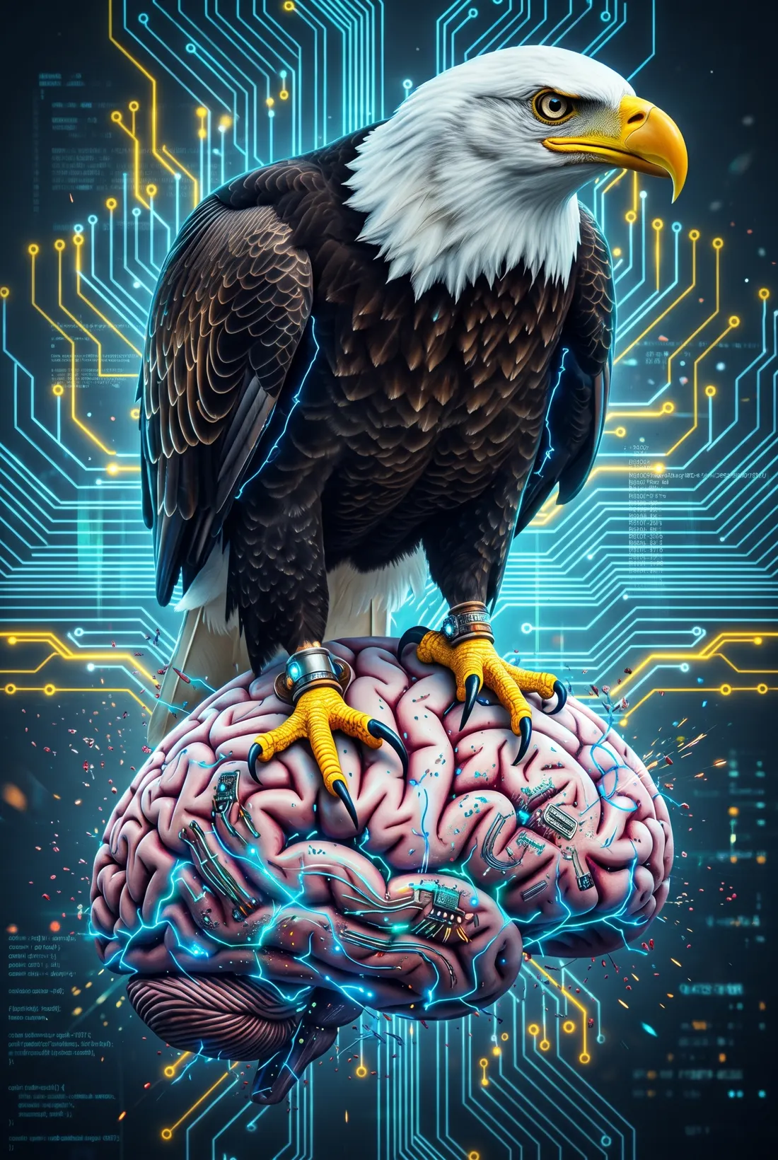 A bald eagle perched on a human brain wired with circuitry, against a glowing circuit-board background